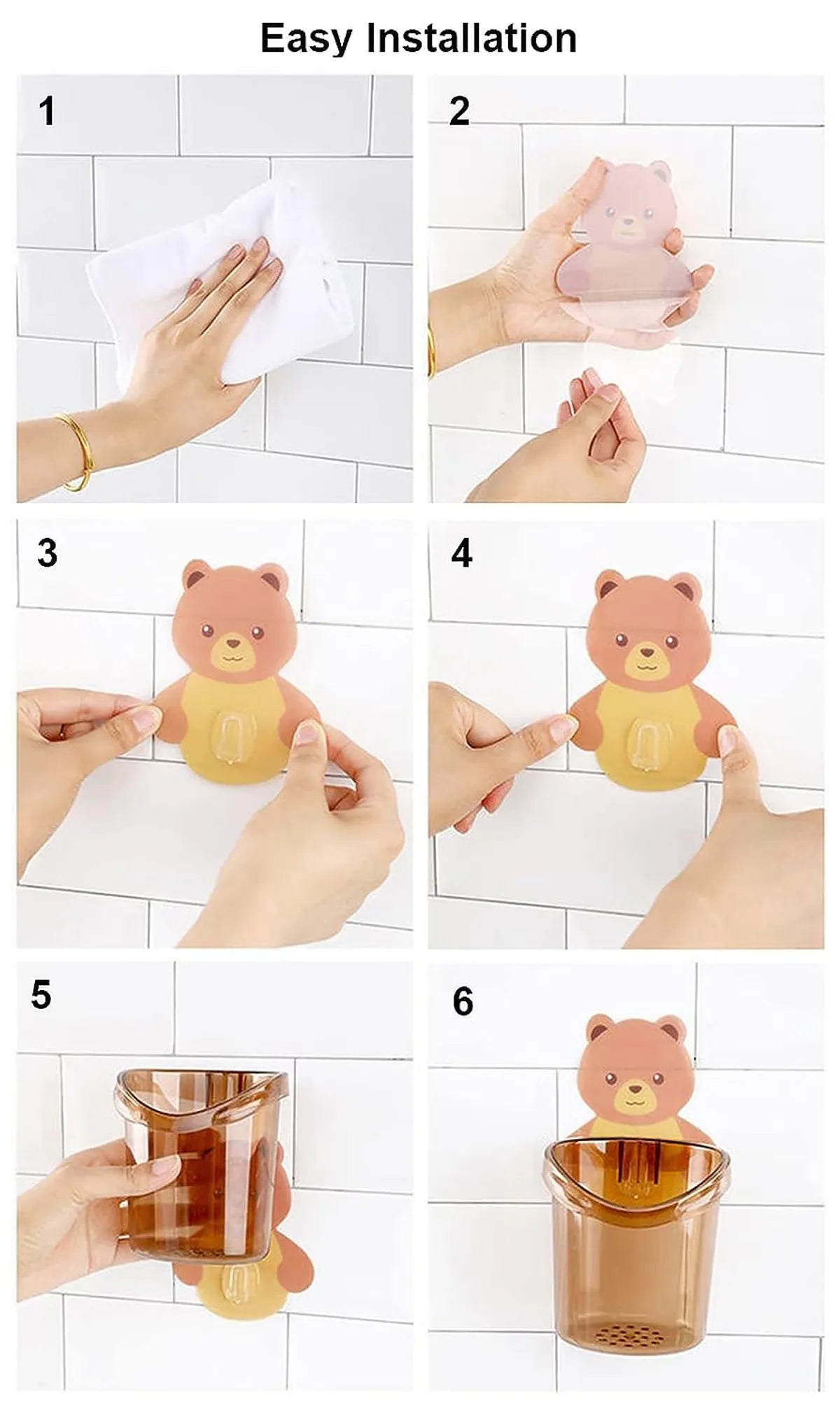 Toothbrush Holder Tumbler Stand Self Adhesive Teddy Bear Magic Sticker No Need to Drill (Pack of 2)