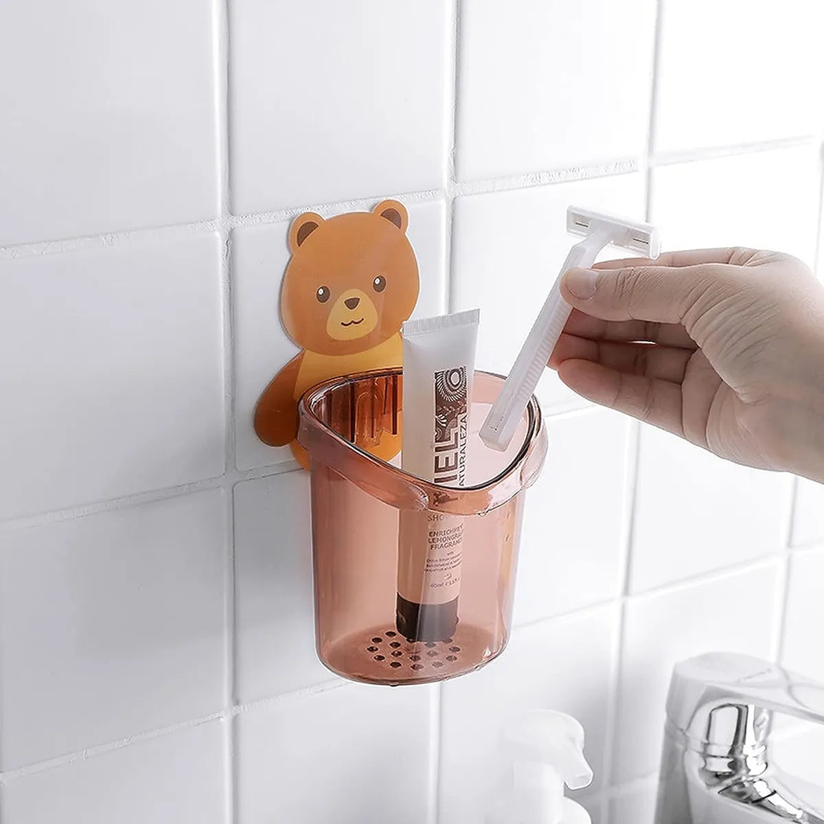 Toothbrush Holder Tumbler Stand Self Adhesive Teddy Bear Magic Sticker No Need to Drill (Pack of 2)