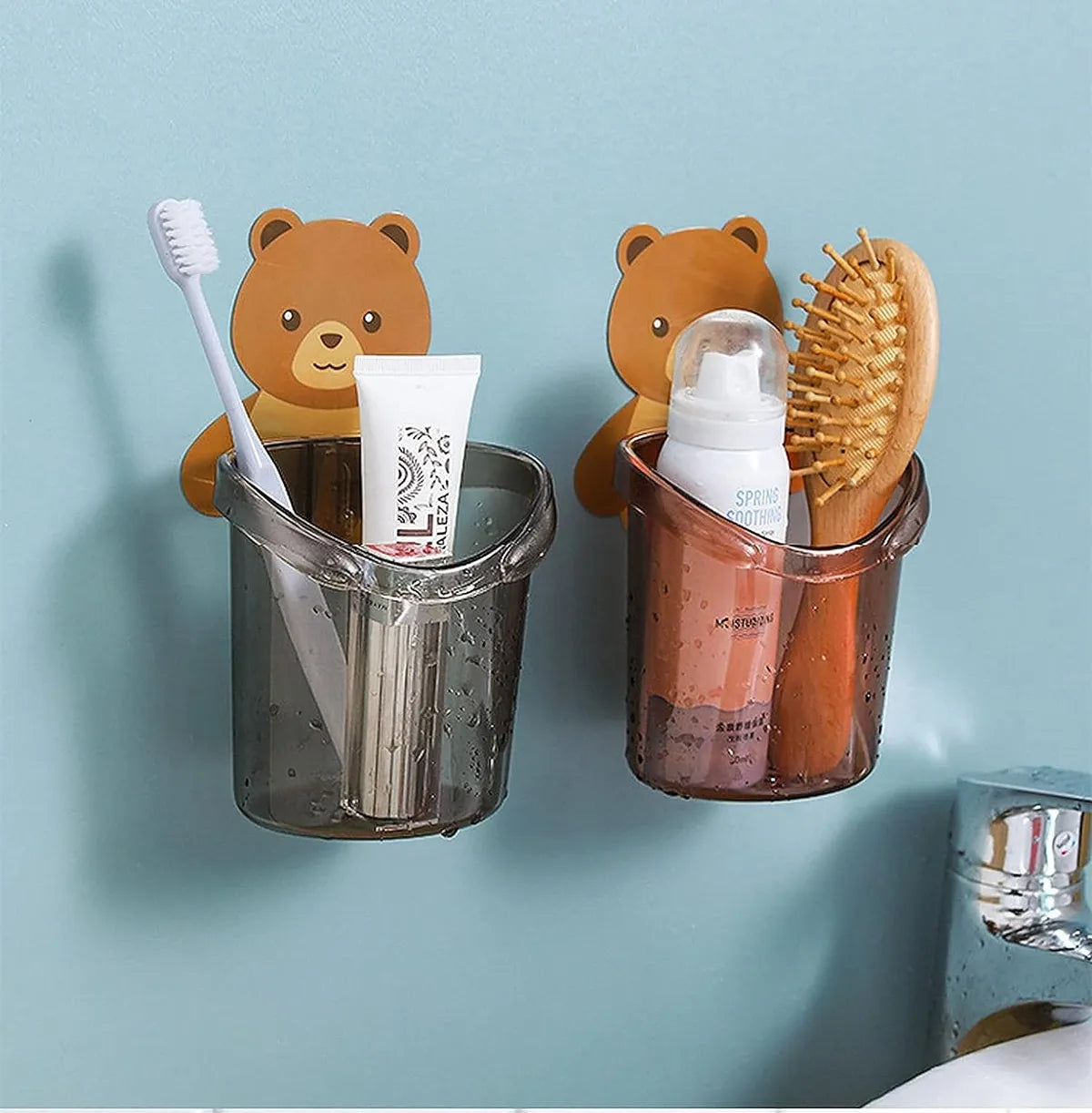 Toothbrush Holder Tumbler Stand Self Adhesive Teddy Bear Magic Sticker No Need to Drill (Pack of 2)