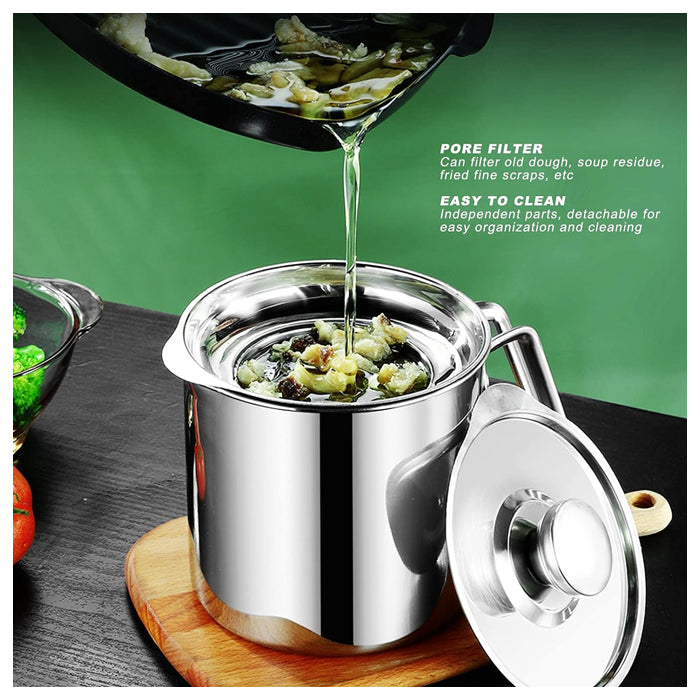 Stainless Steel Oil Strainer Pot Container with Removable Filter 1.4L – Silver