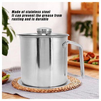 Stainless Steel Oil Strainer Pot Container with Removable Filter 1.4L – Silver