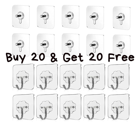 Pack of 40 Wall Sticker Screw Hooks, Self Adhesive Nail Free Wall Sticker Hook Screw combo Hook (BUY 20 SCREW AND GET 20 HOOKS Free)