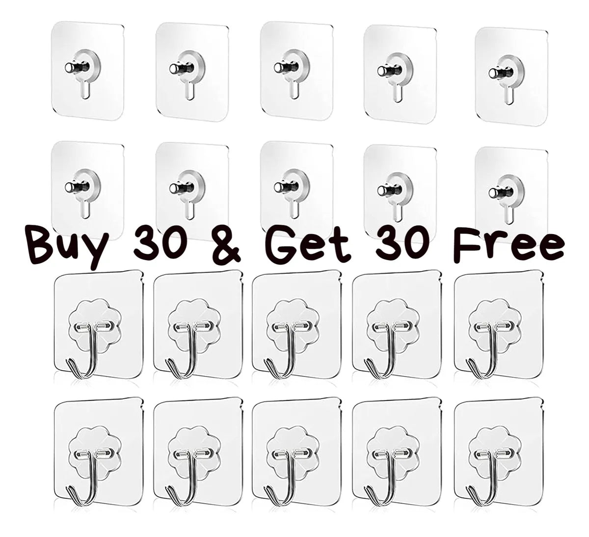 Wall Sticker Screw Hooks, Self Adhesive Nail Free Wall Sticker Hook Screw combo Hook (BUY 30 SCREW AND GET 30 HOOKS Free (Pack of 60)