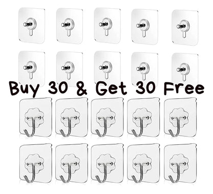 Wall Sticker Screw Hooks, Self Adhesive Nail Free Wall Sticker Hook Screw combo Hook (BUY 30 SCREW AND GET 30 HOOKS Free (Pack of 60)