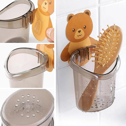 Toothbrush Holder Tumbler Stand Self Adhesive Teddy Bear Magic Sticker No Need to Drill (Pack of 2)