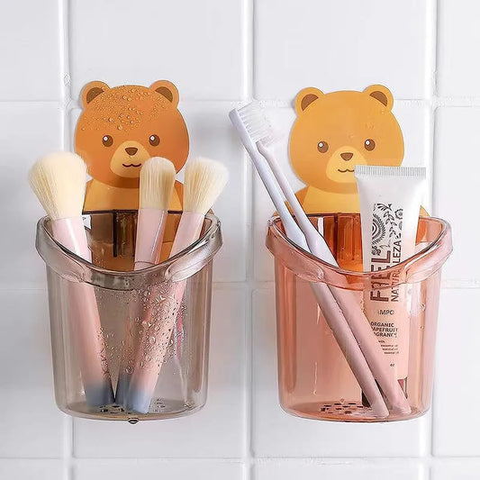 Toothbrush Holder Tumbler Stand Self Adhesive Teddy Bear Magic Sticker No Need to Drill (Pack of 2)