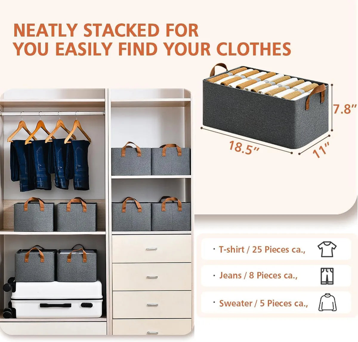 PACK OF 3 Wardrobe Organizer for Clothes with Metal Frame Rectangle Storage Baskets 26 Liter