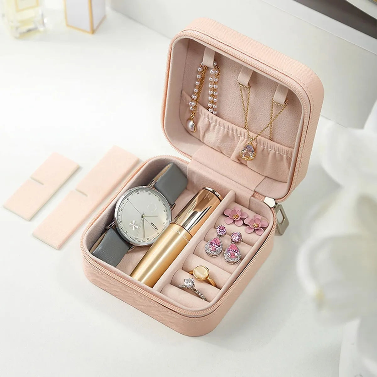 Mini Jewellery Organizer PU Leather with Zipper Portable Storage Box