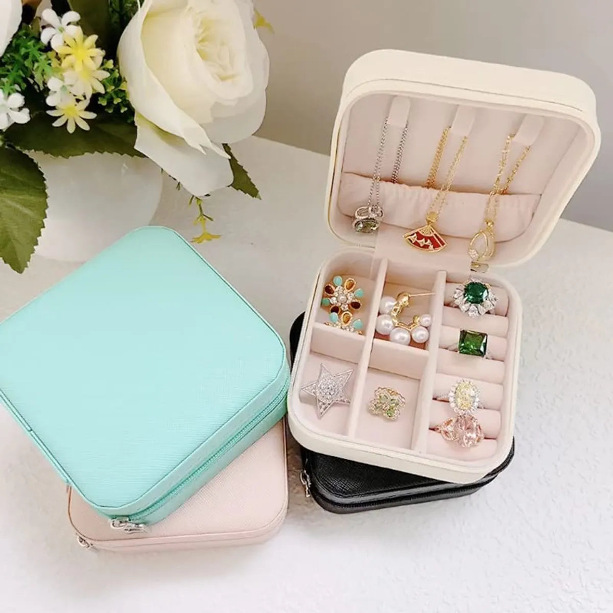 Mini Jewellery Organizer PU Leather with Zipper Portable Storage Box